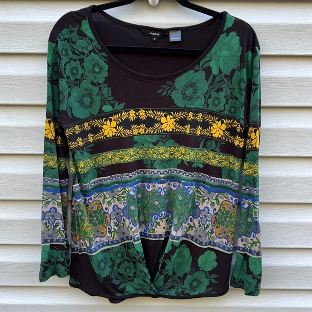 Desigual Womens Floral Print Long Sleeve Top Black Green 20WWTK34‎ Small